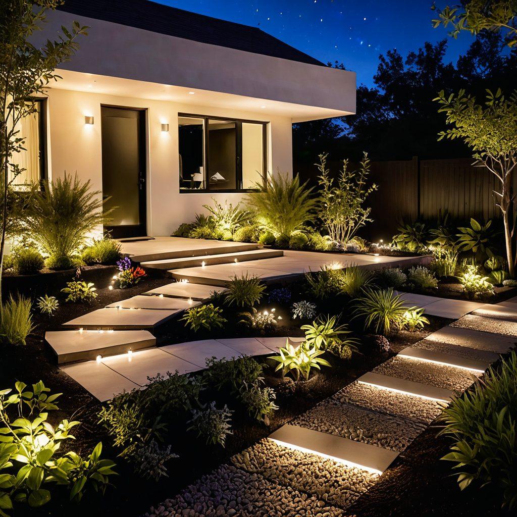 A modern outdoor landscape showcasing advanced smart lighting technology illuminating various garden features, including pathways and plants. Include sleek, energy-efficient LED fixtures in dynamic colors, casting soft glows that create an inviting atmosphere. Show a serene evening sky with stars and subtle shadows playing through the landscape to emphasize the innovation in design. The scene should convey sophistication and tranquility. super-realistic. vibrant colors. night setting.
