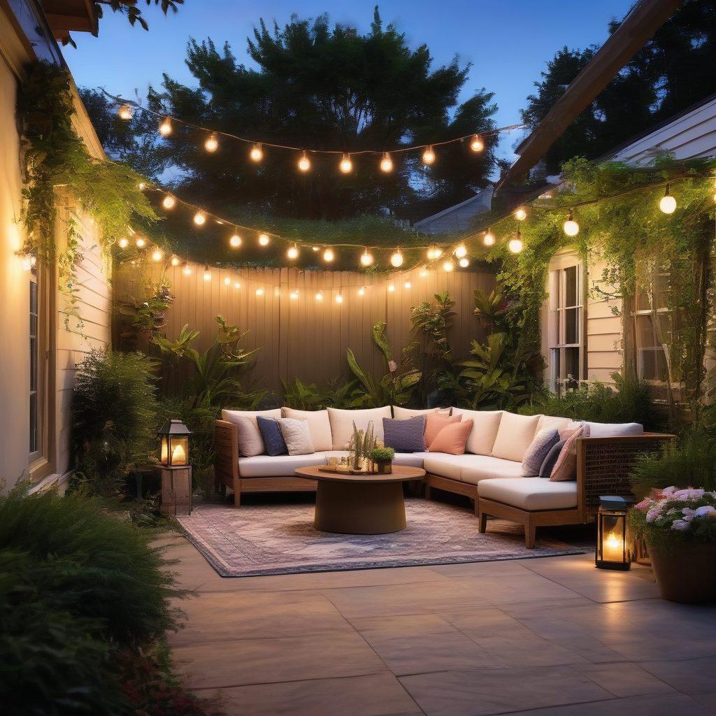 An enchanting outdoor setting featuring a cozy patio illuminated by stylish, energy-efficient string lights and lanterns, surrounded by lush greenery and modern furniture. The scene captures the warm glow of the lights against a twilight sky, with subtle reflections on nearby surfaces, inviting a sense of relaxation and elegance. Include elements of nature such as flowers and plants to enhance the ambiance. vibrant colors. super-realistic.