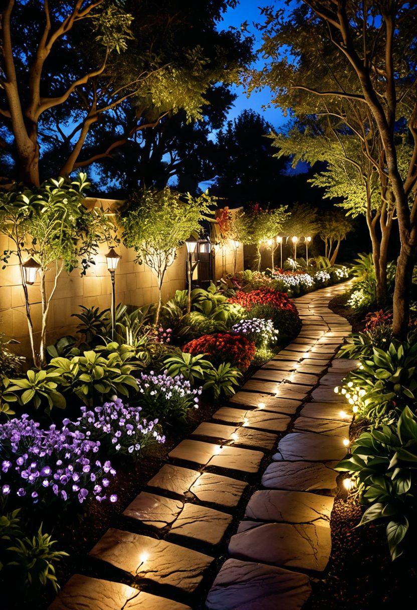 A beautifully lit outdoor garden scene showcasing various LED lighting solutions in use, highlighting decorative string lights draped over trees, pathway lights illuminating a stone walkway, and colorful spotlights enhancing plant features. The atmosphere is inviting and transformative, with a twilight sky providing a magical backdrop. Super-realistic. Warm, vibrant colors. Soft focus.